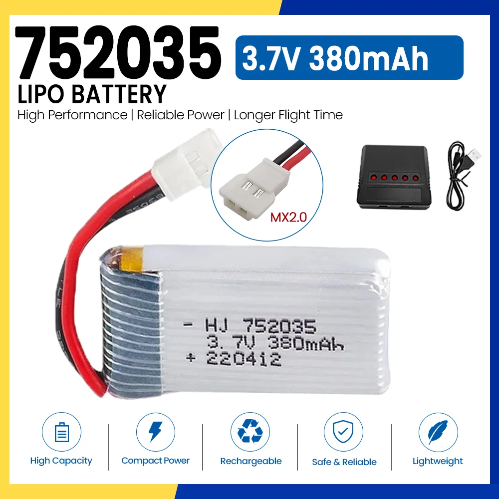 High Capacity 752035 3.7V 380mAh LiPo Battery Rechargeable Lithium Batteries for Hubsan X4 H107 Series JD385 JD388 Drone Battery