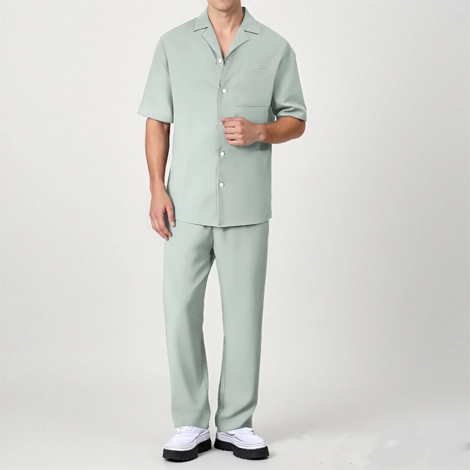 Men's Summer Two Piece Outfit Short Sleeve Lapel Button Up Tops Wide Leg Pants Set