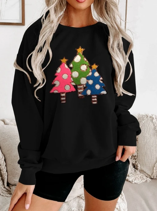 

Elegant Christmas Towel Embroidered Round Neck Long Sleeved Hoodie 2025 Autumn Winter Spring New Fashion Casual Pullover Tops