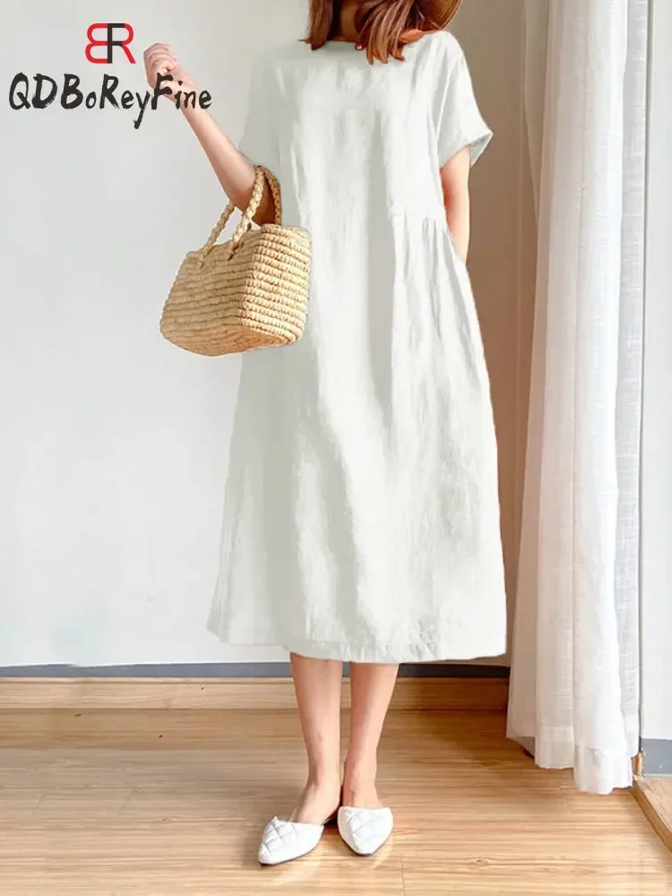 Summer Women Dress Casual Loose Short Sleeve A-LINE Oversize Solid Midi Dress Cotton Linen Dresses for Women Vestidos De Mujer