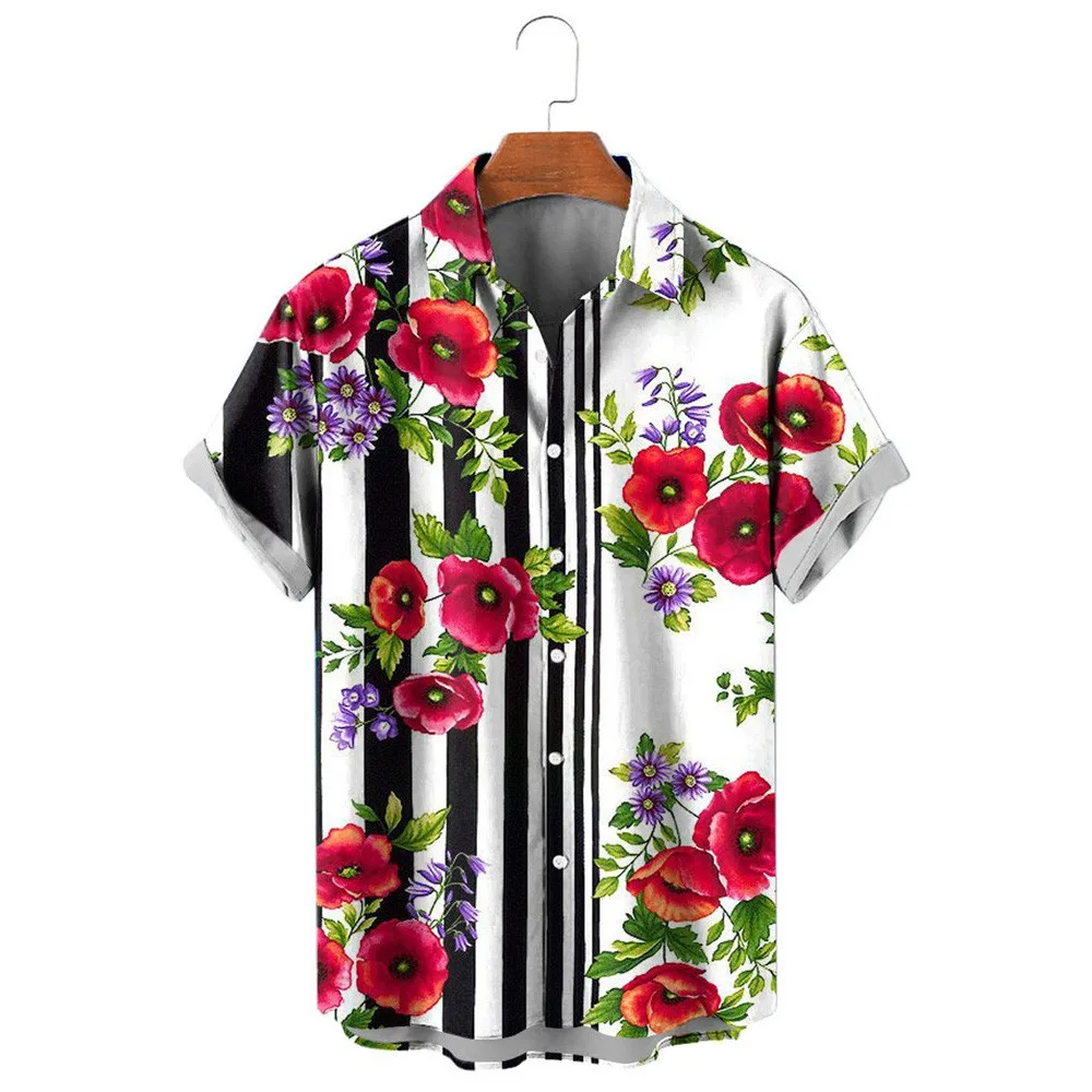 HX Fashion Men's Shirts Hawaii Bohemia Floral Striped Splicing 3D Printed Casual Shirt Summer Beach Shirt Camisas