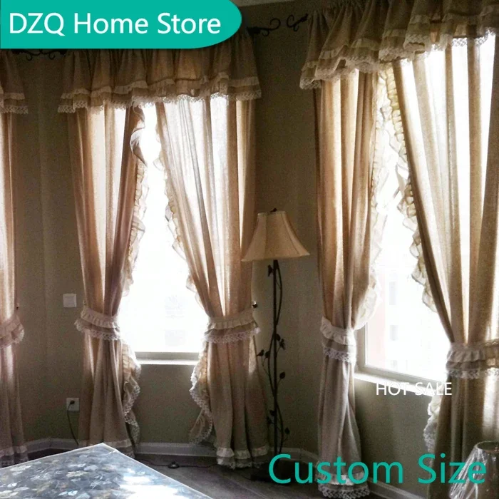 

American Rural Style Window Drapes, 100% Cotton Linen Semi-blackout Curtain, Natural Hemp Cafe Curtain with Ruffles,Lace Cortina