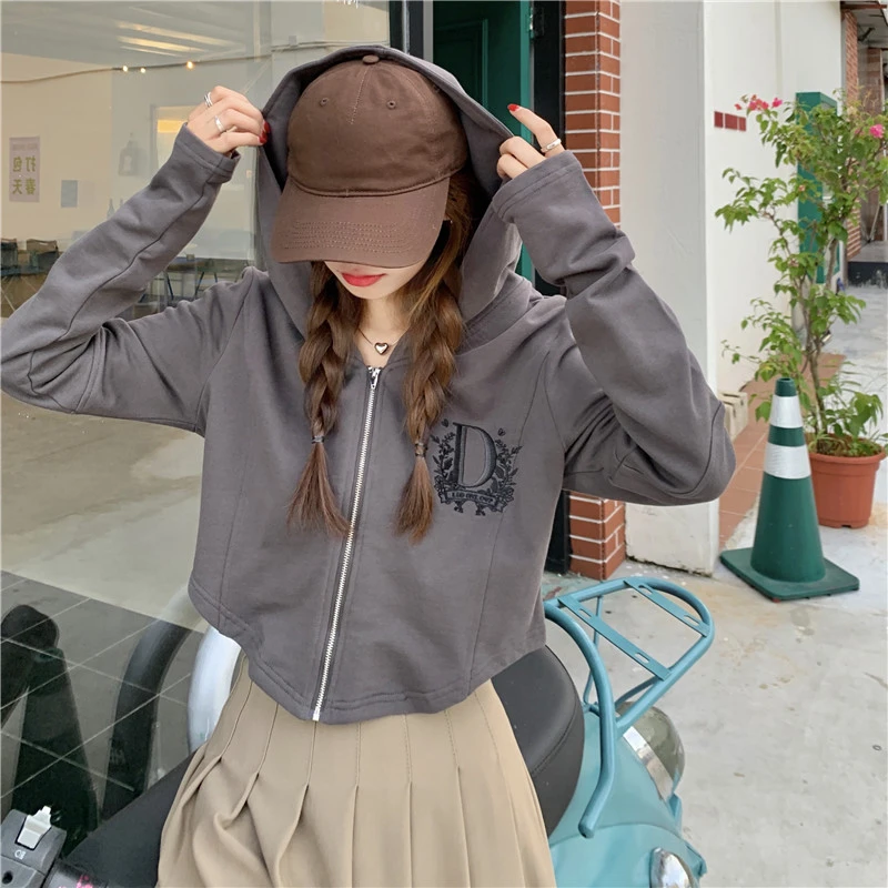 Full Zip Up Hooded Vintage Cropped Hoodie Hippie Cute Hoodies for Women Y2k Clothes Sweatshirt Female Streetwear with Zipper New