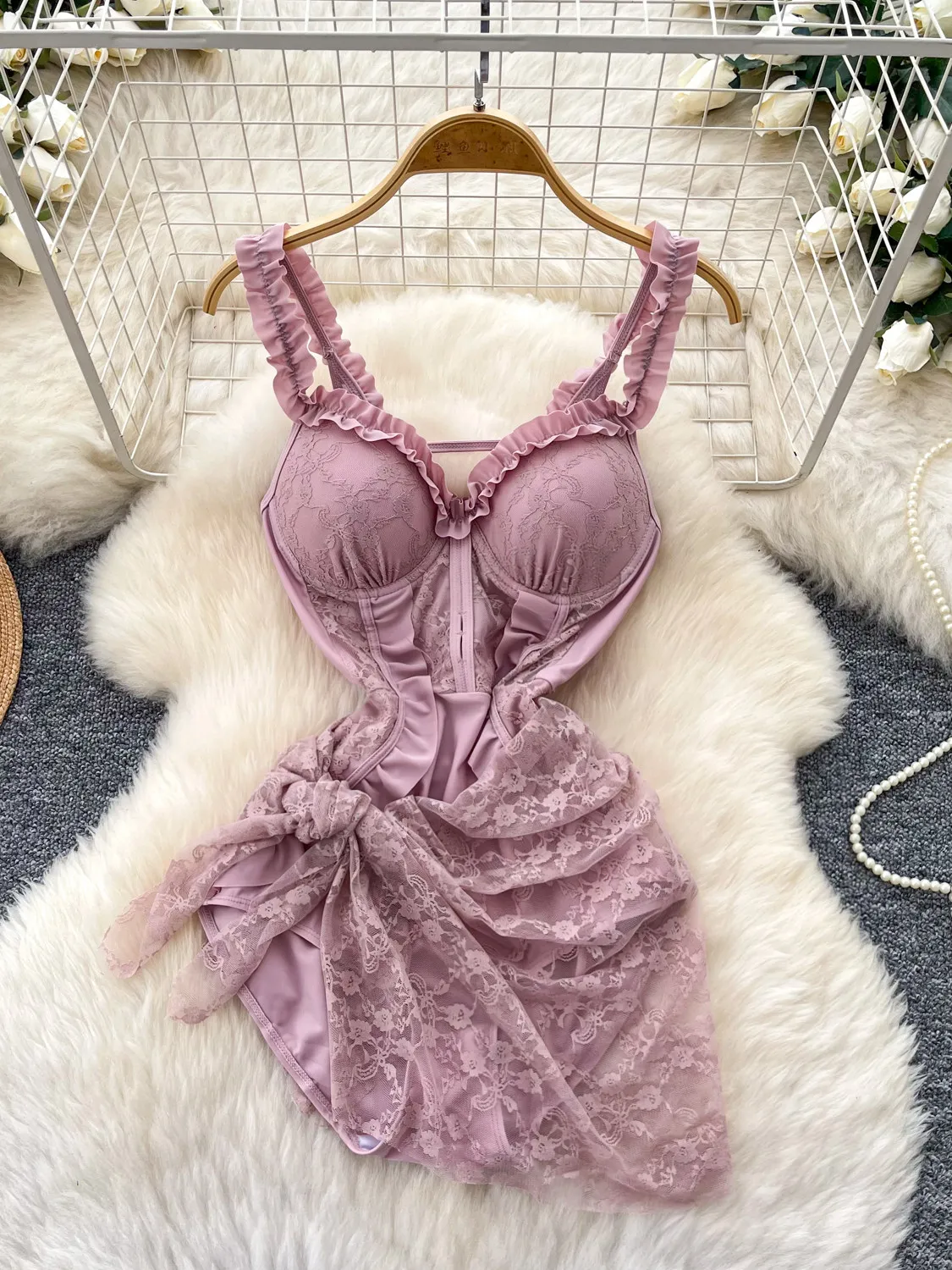 

Foamlina Women Sexy Ruched Strap Lace Patchwork One Piece Swimsuit+Lace Cover Up Two Piece Set Summer Beach Vacation Swimwear