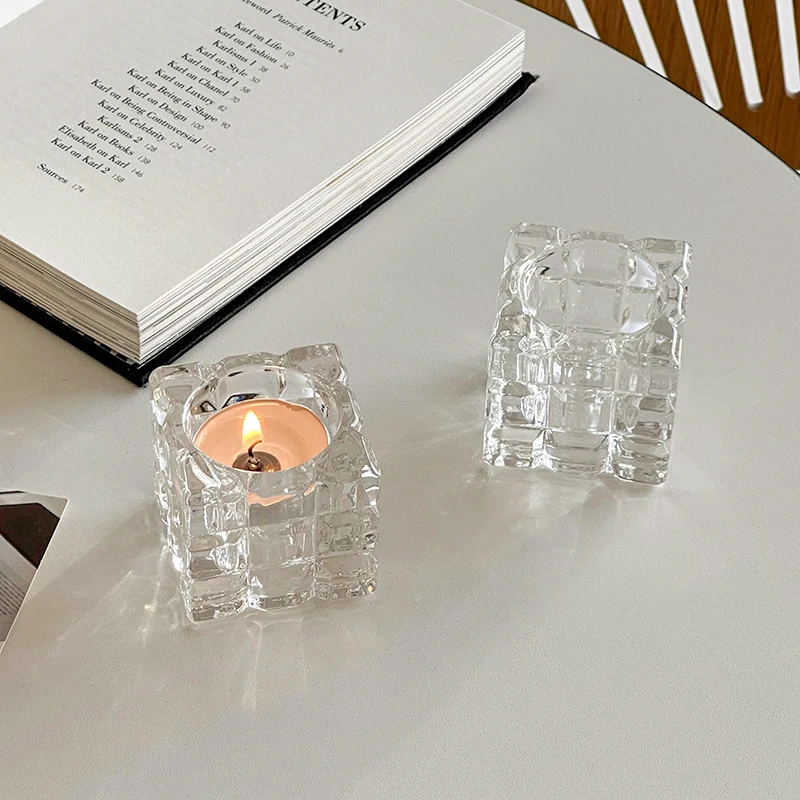 INS transparent crystal glass ice candlestick, European style retro dining table decoration, romantic candlelight dinner decorat