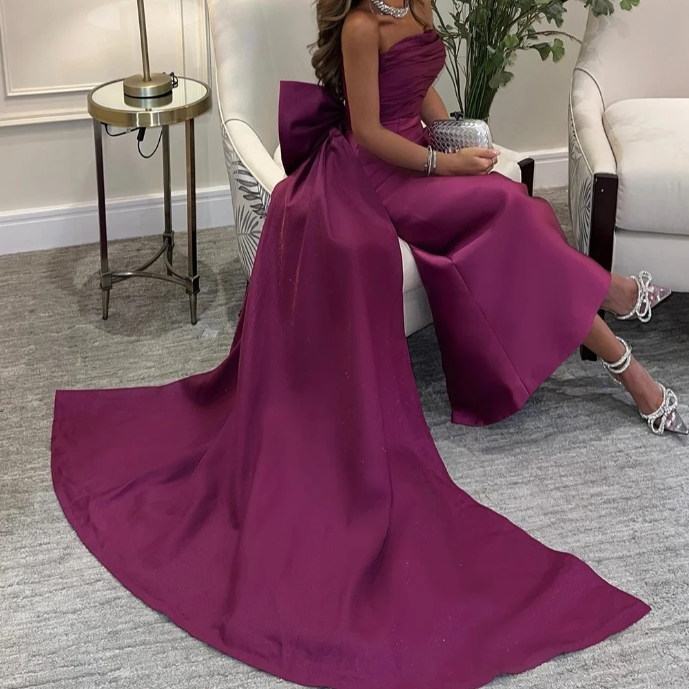 Fashion Bow Satin Evening Dresses Temperament Straight Ankle Length Strapless Sleeveless Custom Made Special Occasion Gowns