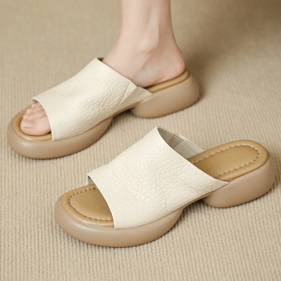 

danxuefei women's sheepskin open toe summer slip-on thick sole platform flats sandals casual female soft comfortable daily shoes