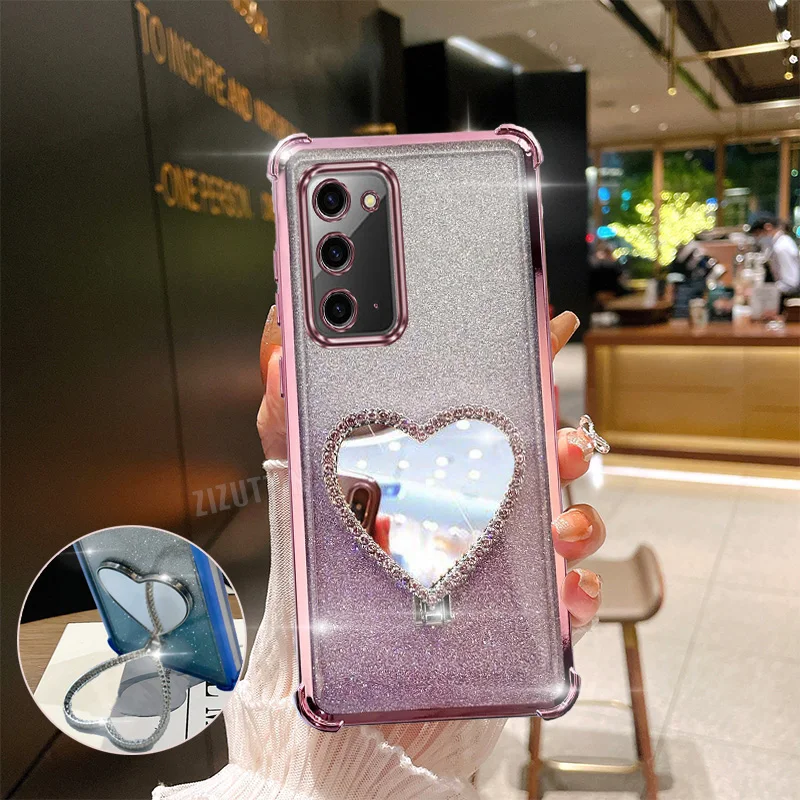 Love Heart Makeup Mirror Glitter Luxury Ring Phone Holder Case On For Samsung Galaxy Note 20 Girl Woman Used Anti-knock Cover