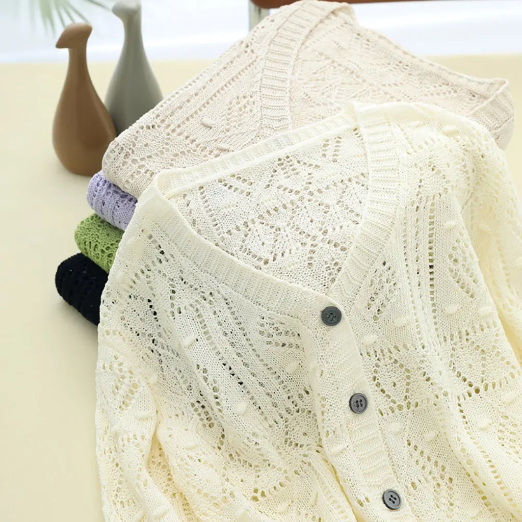 

Women's Linen Knitted Cardigan Long-Sleeved Sunscreen Hollow-Out Top Thin Outer Blouse for Summer Air Conditioning Shirt