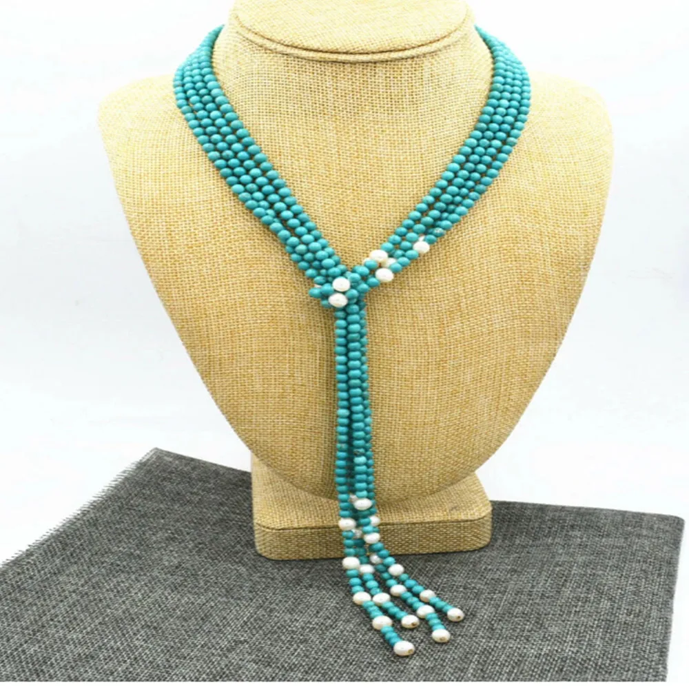 Hand strands knotted necklace 6mm turquoise white cultured pearl necklace 2 rows 55inch fashion jewelry