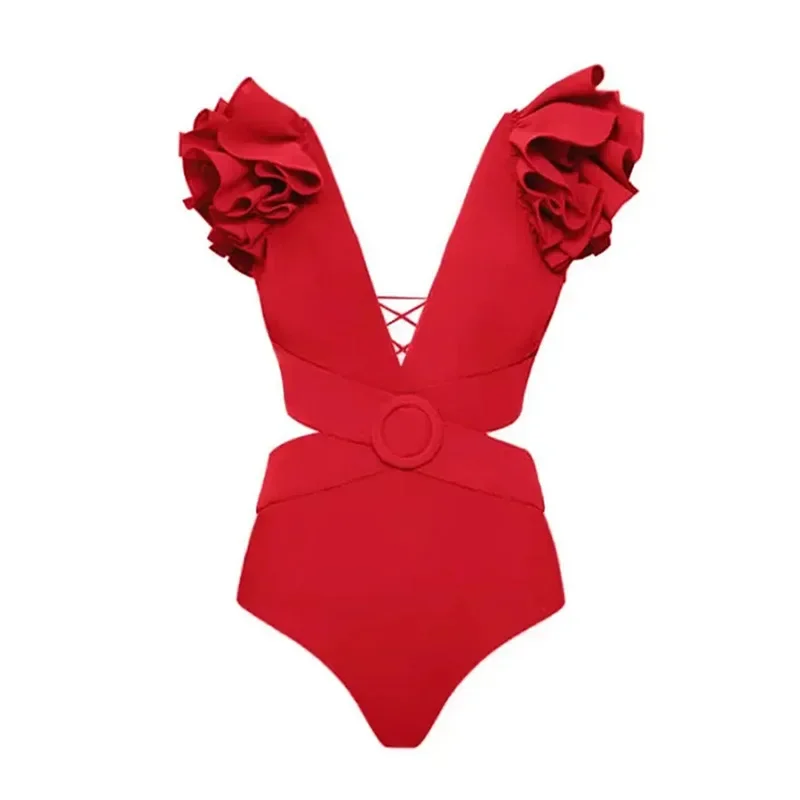 2024 Women Swimwear One-Piece Swimsuit Ruffled Hollow Bandage Printed Puff Sleeve Bikinis Set Summer Beachwear Bathing Suit image 5