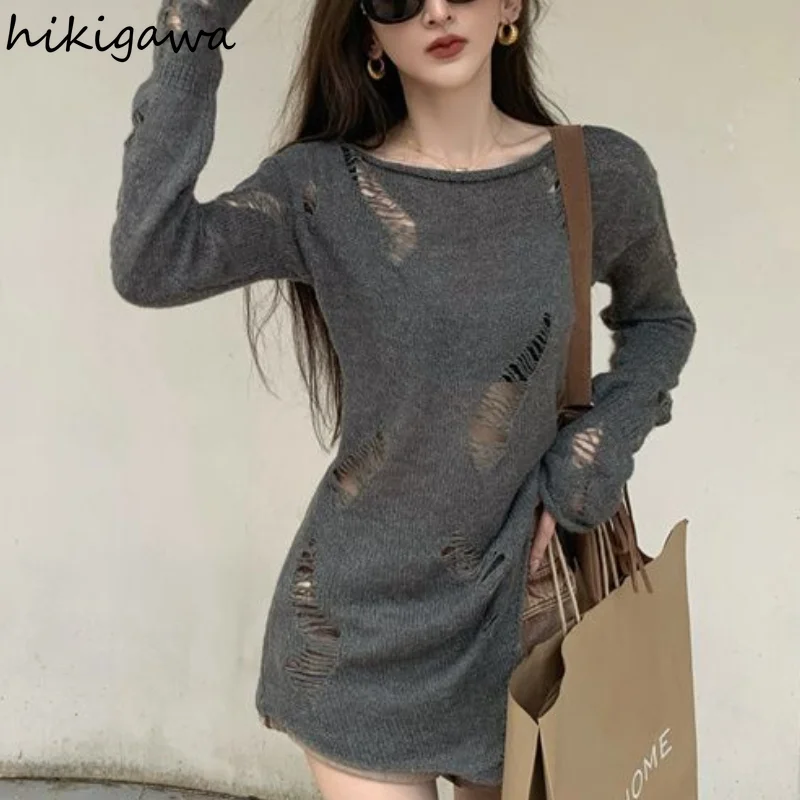 Sueter Mujer Fashion Pullovers Women Clothing Long Sleeve Irregular Tunic Pull Femme Hollow Out Knitting Thin Sweater Y2k Tops