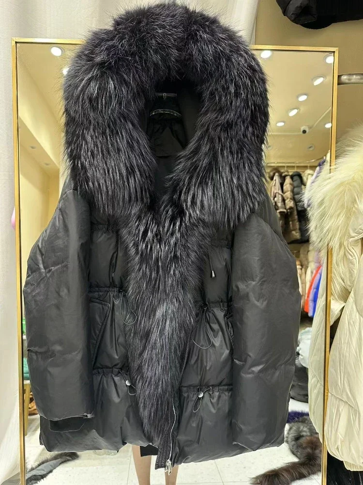 2025 nova jaqueta de inverno feminina grosso quente oversized 90% pato branco para baixo grande casaco de pele real natural pele com capuz puffer parka