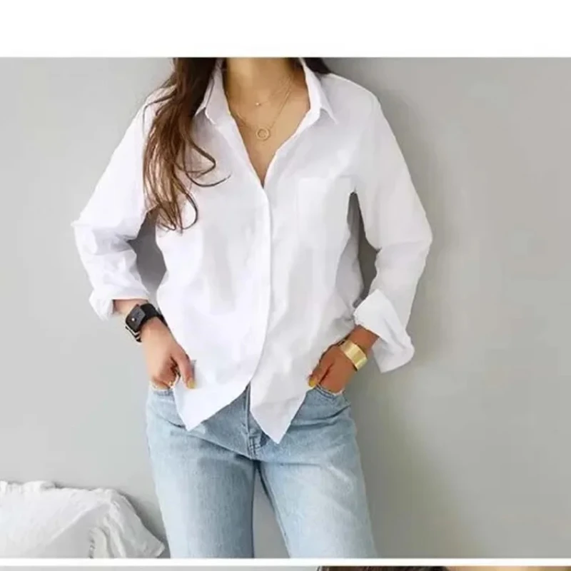 2024 Autumn New Long Sleeve Shirt WOMEN Solid Color Base OL White Shirt Office Lady Fashion Turndown Collar Women’s Blouse