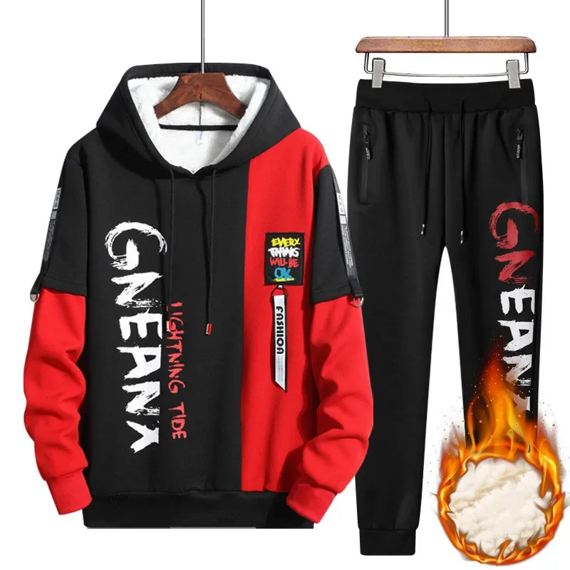 Man Patchwork Printing Winter Fleece Warm Tracksuits 2 Piecs Sweat Suits Mens Sweatshirts Sweatpants Sets Husband Clothing