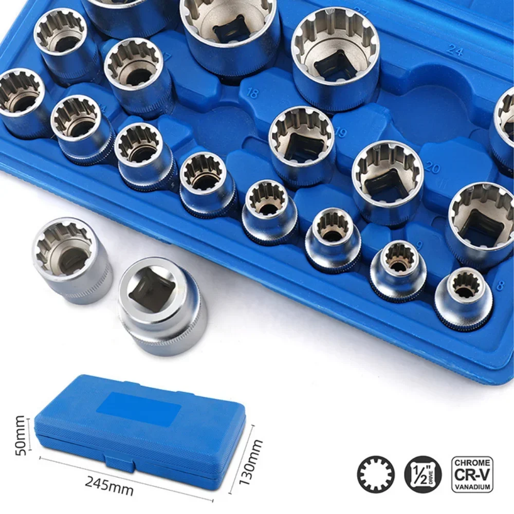 Multifunctional 19pc 12 Point Torx Socket Wrench Set Hex Torx Splined Bit Socket Set Hex Socket Repair Tool Kit Lock SocketCrv