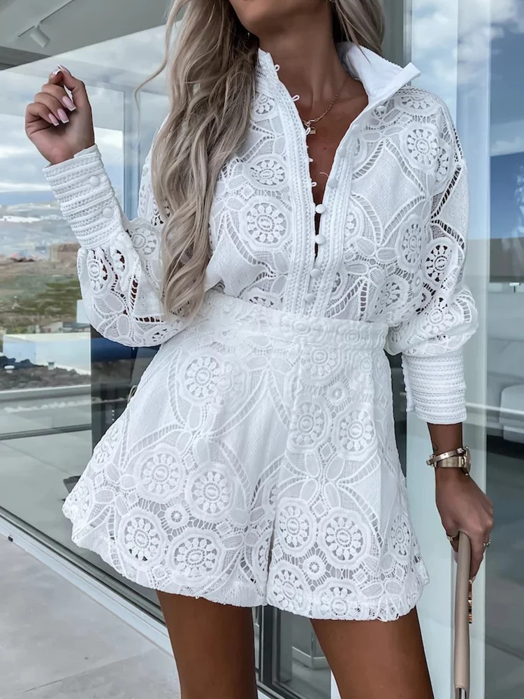 Fashion Embroidery Short Sets Women Spring Summer Long Sleeve Single Breasted Short Suits Ladies Elegant Casual 2 Pcs Outfits