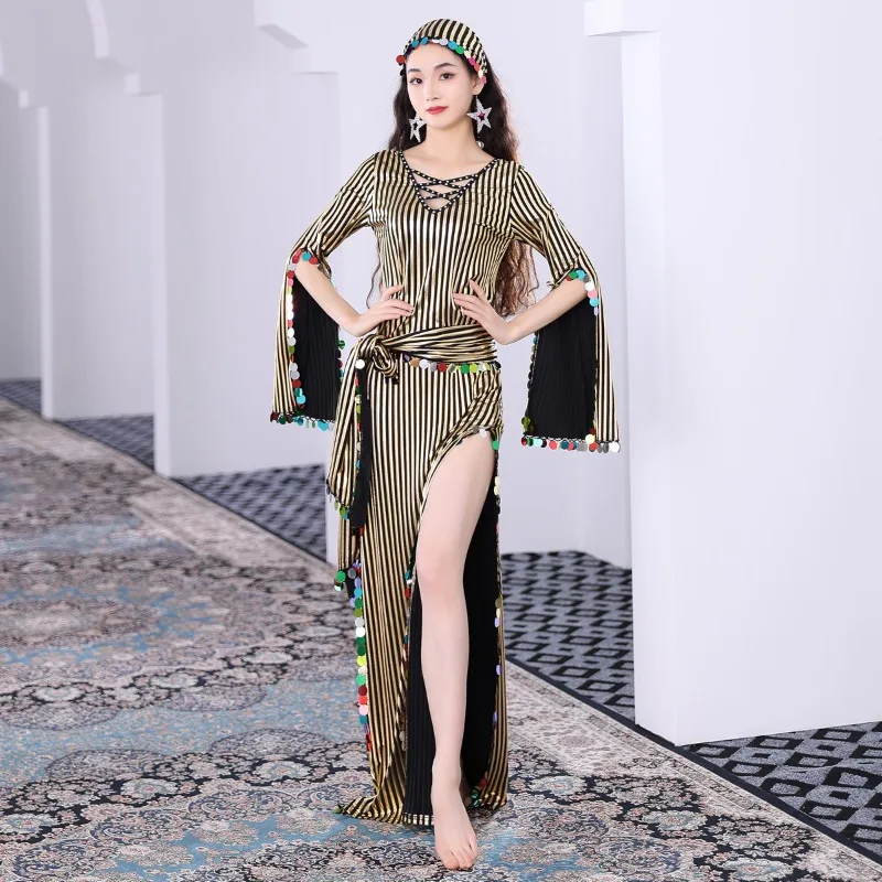 Customized Belly Dance Costumes Hot Gold Sequin Robe Baladi Folk Custom Saidi Rattan Cane Oriental Dance Robe+Headscarf+Belt