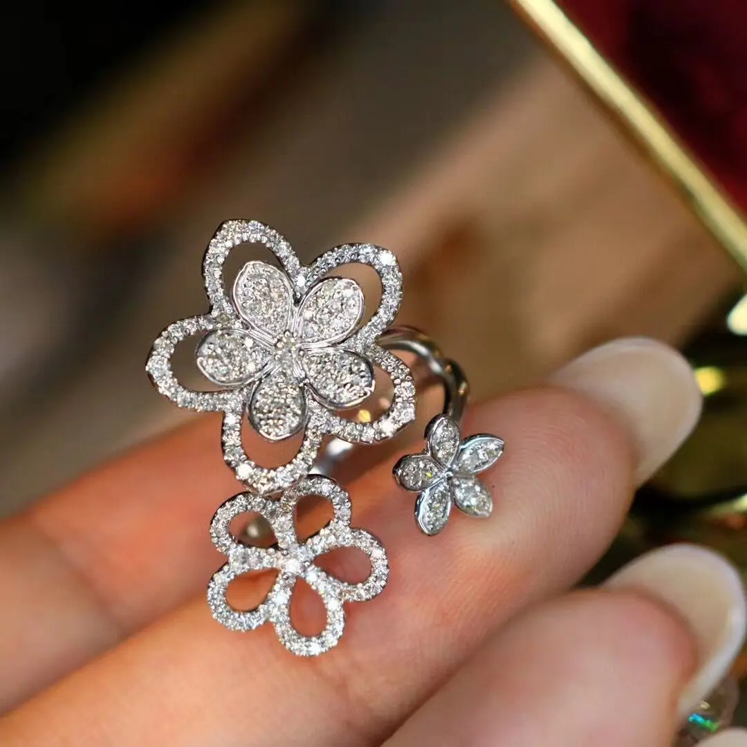 French Super Fairy Full Diamond Zircon Three Flower Opening Ring Female 925 Stamp Fashion Wedding Party Birthday Gift