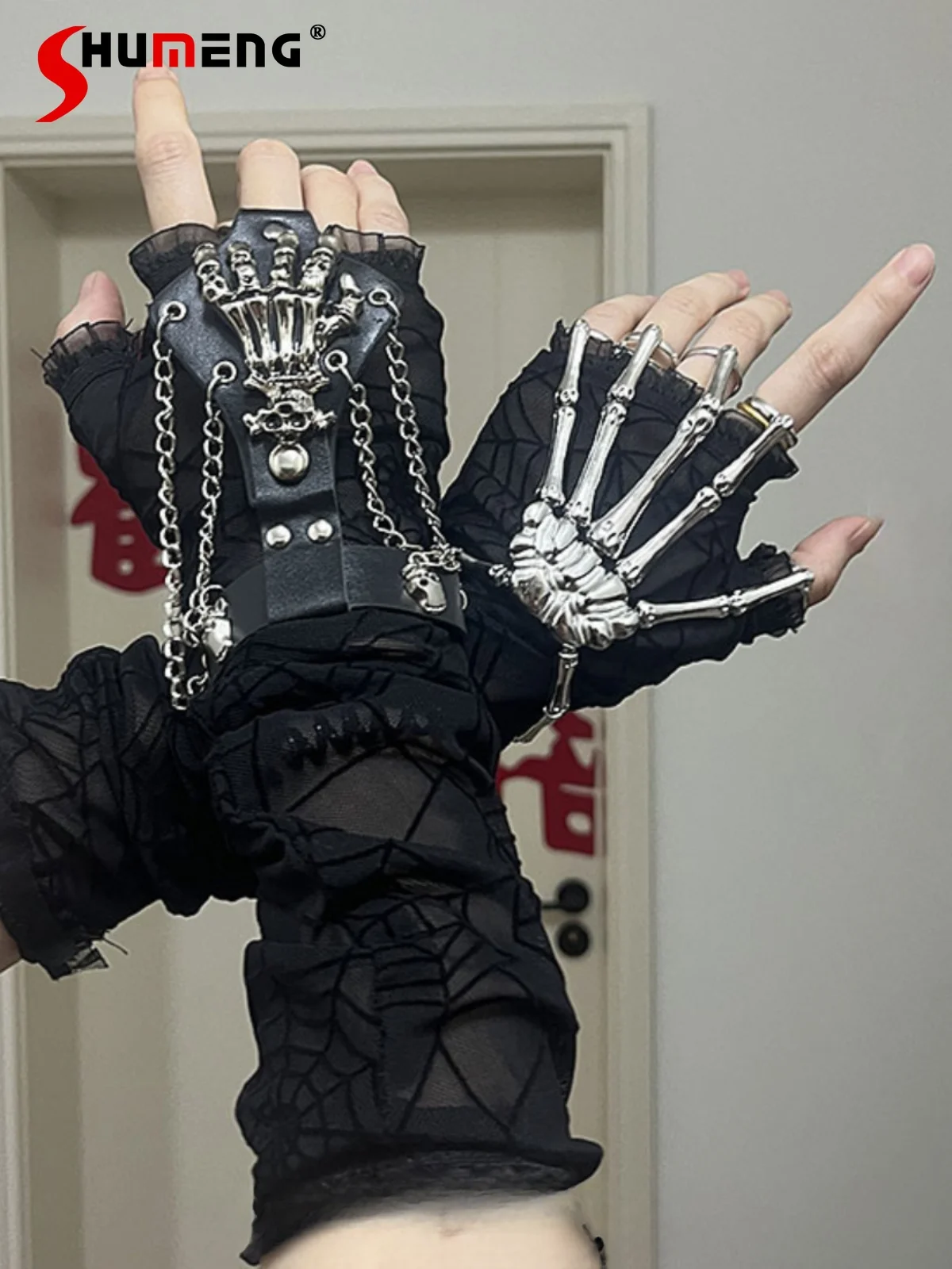 

Halloween Harajuku Dark Punk Cosplay Black Gloves Female Goth Spider Skull Bracelet Lace Sleeves Accessories for Men and Women