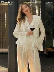 Clacive Sexy Loose Beige Women's Shirt 2025 Elegant V-Neck Long Sleeve Shirts Casual Classic Ruffle Lace-Up Top Female Clothing