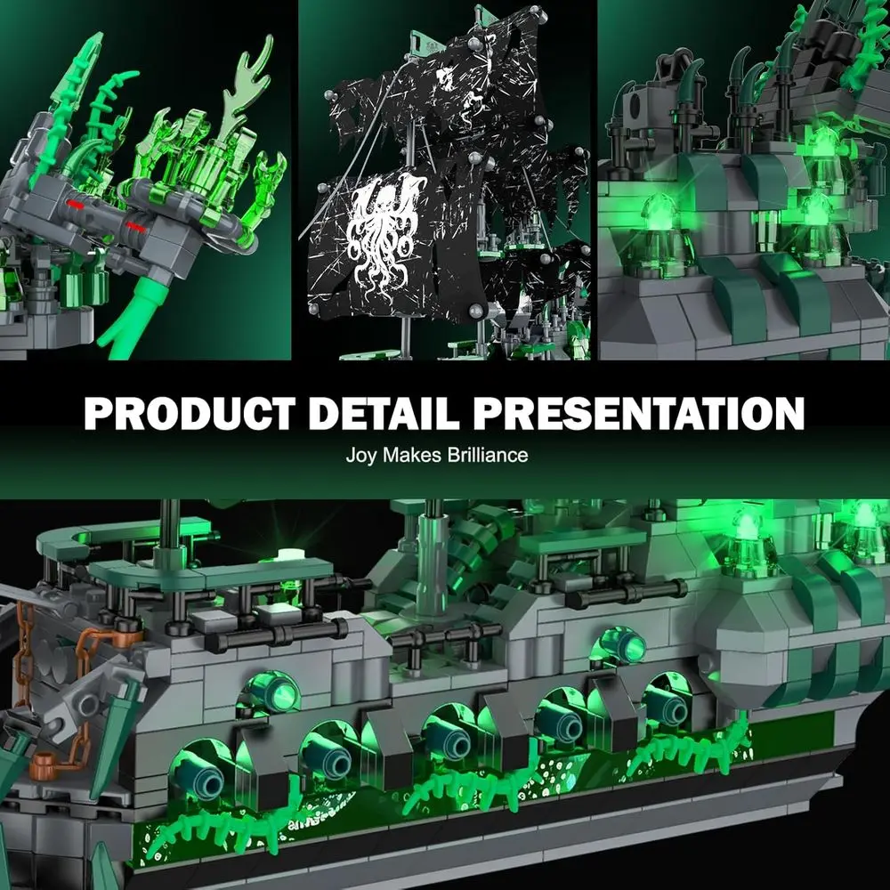 LED照明付き海賊船モデルキット、幽霊船フライングダッチマン、イースター用帆船おもちゃ、14歳以上、1100ピース