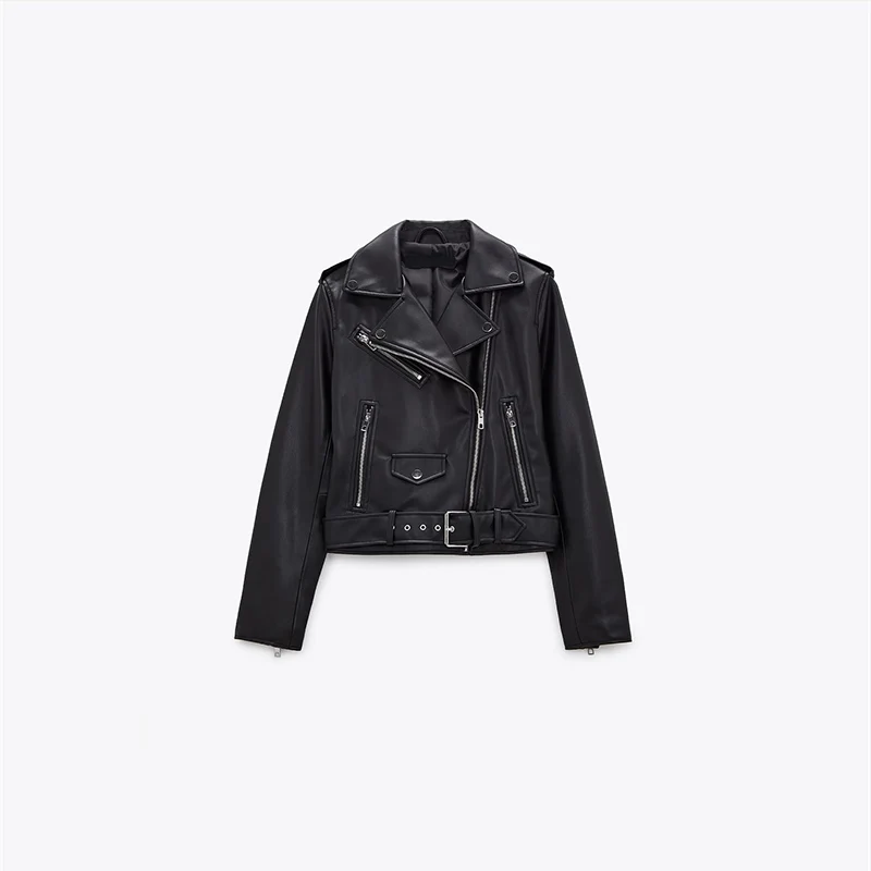 

New Women's Black Faux Leather Biker Jacket Coat 3046028 800 Slim Fit Commute Style Long Sleeve Short Length Zipper Closure