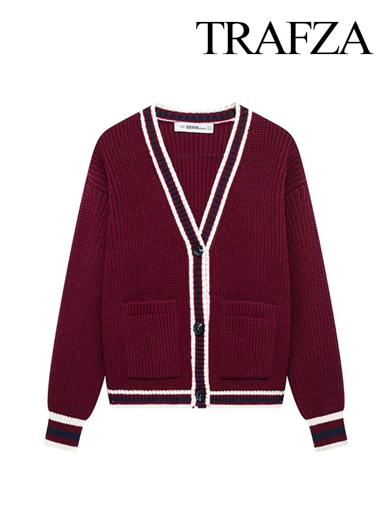 

TRAFZA Women's Spring Fashion Sweaters Solid V-Neck Long Sleeves Pockets Single-Breasted Cardigan Female Elegant Knitted Tops