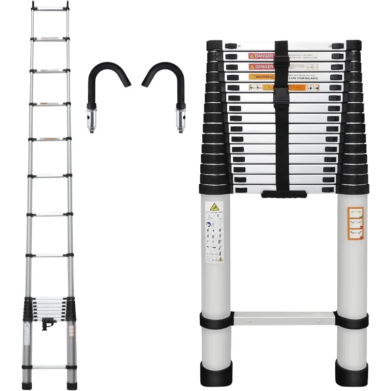 

20.3ft Aluminum Telescopic Ladder Folding Ladder with 2 Detachable Hooks, Weight 36lbs, Adjustable Height, 330lbs Load Capacity