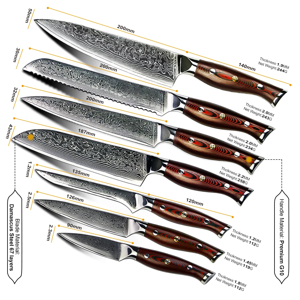 Amber Professional Kitchen Knives 67 Layers VG10 Damascus Japanese Knife Full-Tang Design G10 Handle Inset Brass Rivet Tools