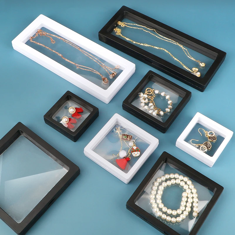 10pcs Set 3D Floating Display Case Stands Transparent Square Holder Pendant Necklace Bracelet Ring Coin Jewelry Pin Storage Box