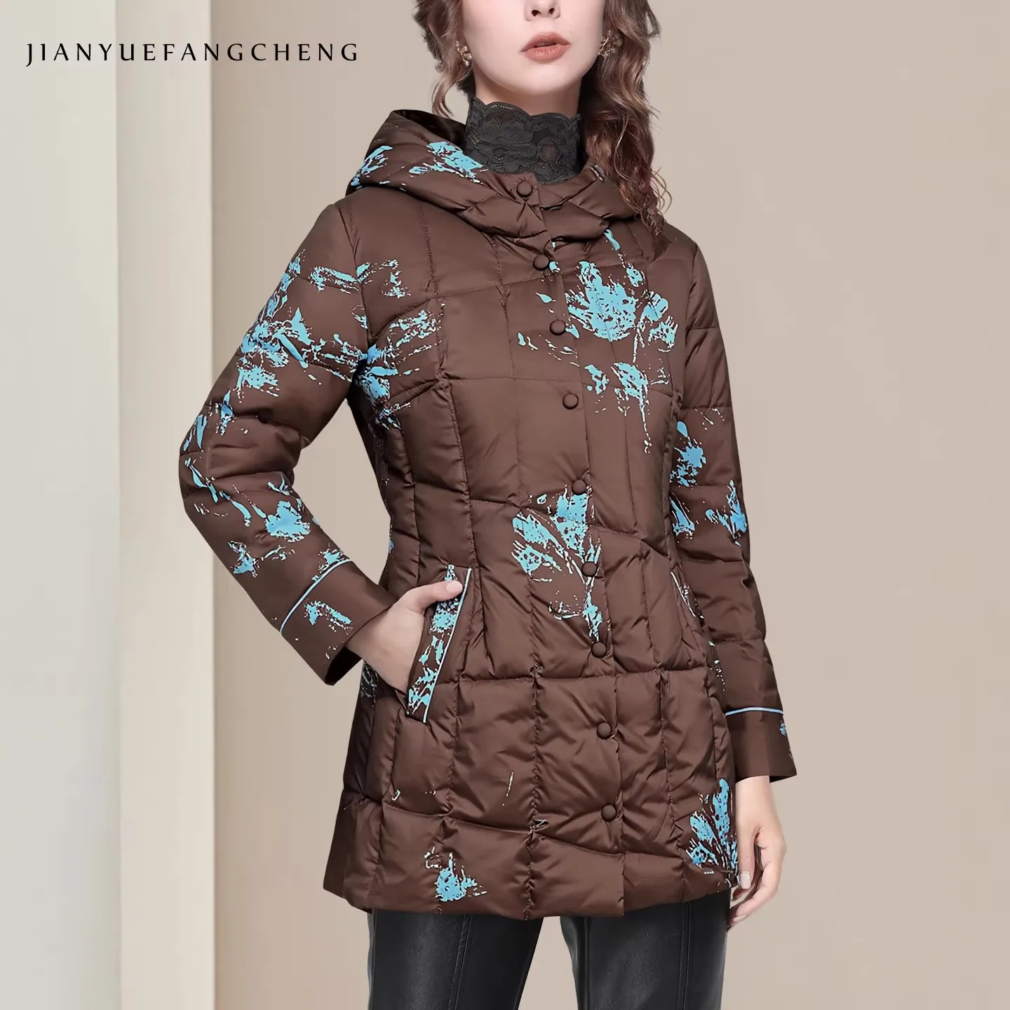 Fashion Printing Women Winter Hooded Down Jackets Warm Lightweight Quilted Puffer Coat Snow Ski Parka Windbreaker