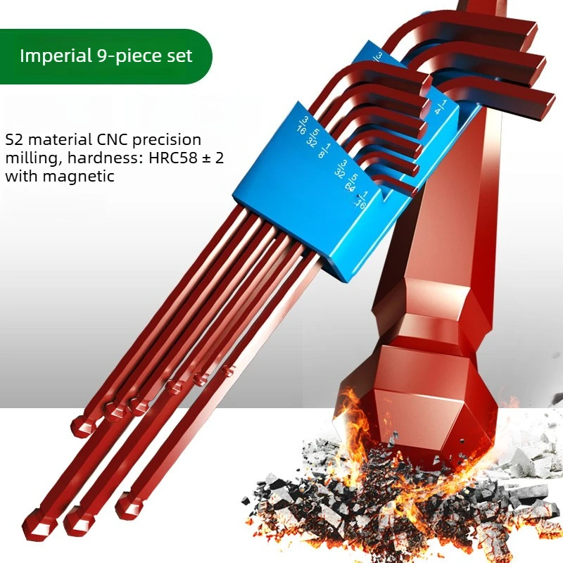 Industrial S2 Alloy Steel 9 Piece Extended Ball End Hex Key Set Imperial Wrenches