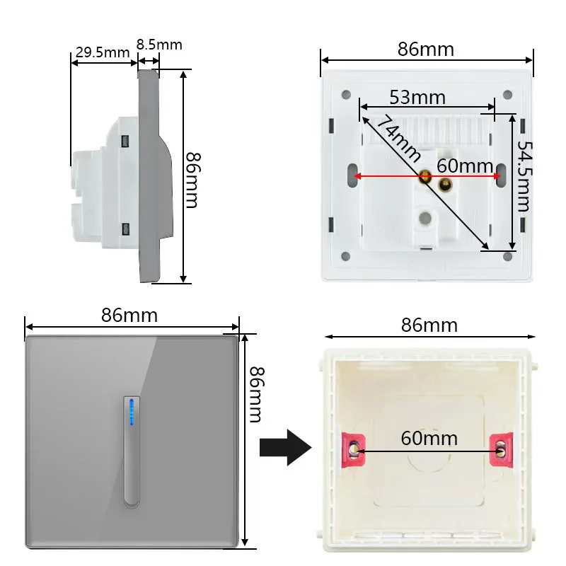 Lámpara de pared panel de interruptor retro 1-4 Gang2Way UE vidrio templado gris enchufe de interruptor antiguo internacional con carga USB C