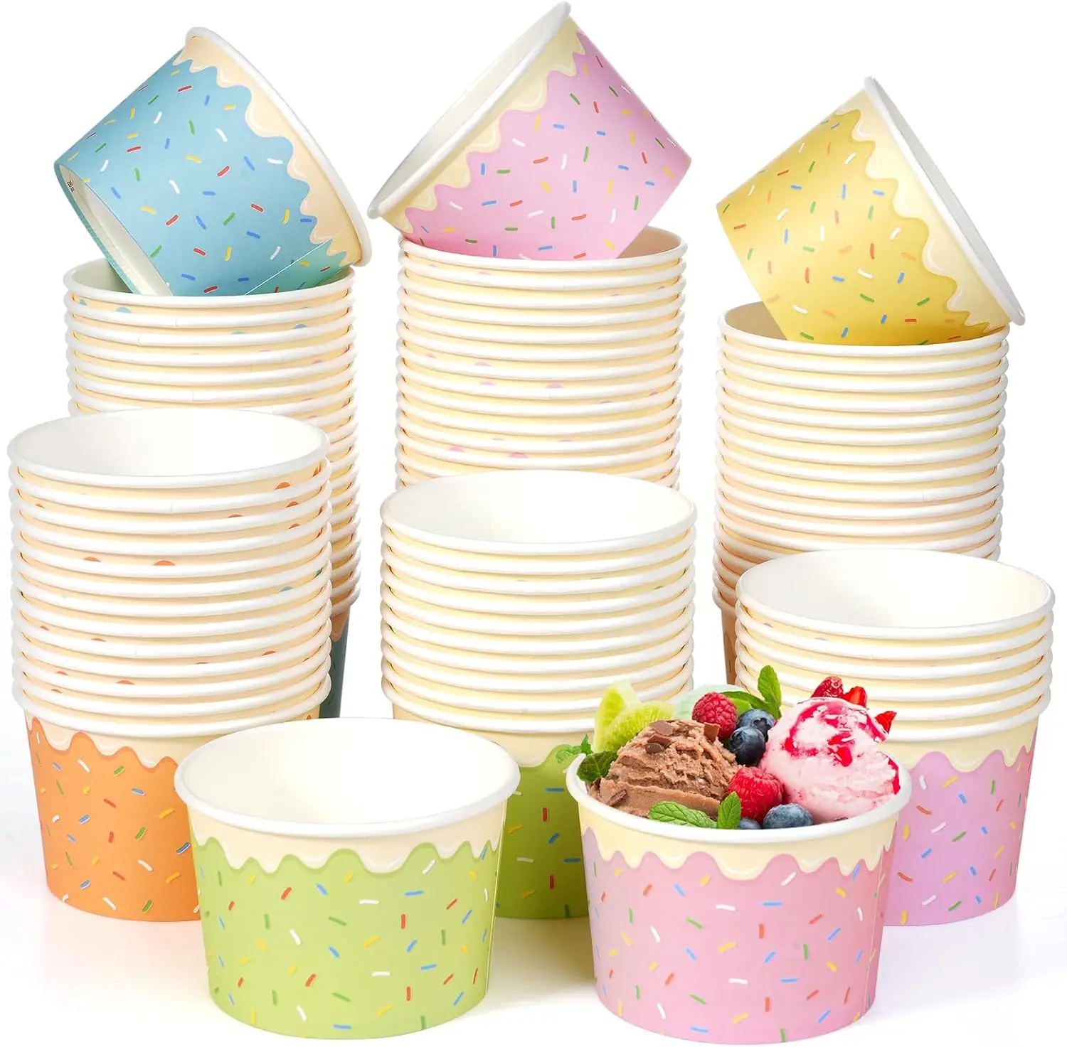 

300pcs 9oz Ice Cream Bowls Disposable,Paper Ice Cream Cups,6 Color Sprinkles Food Containers for Dessert Snack Frozen Yo