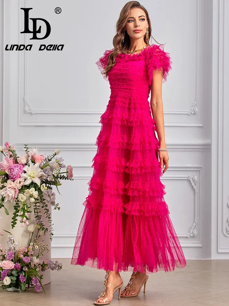 LD LINDA DELLA Summer 2024 luxury Designer Dress for women Temperamen Vintage Polka Dot Print Net Yarn Cascading Ruffle Dresses