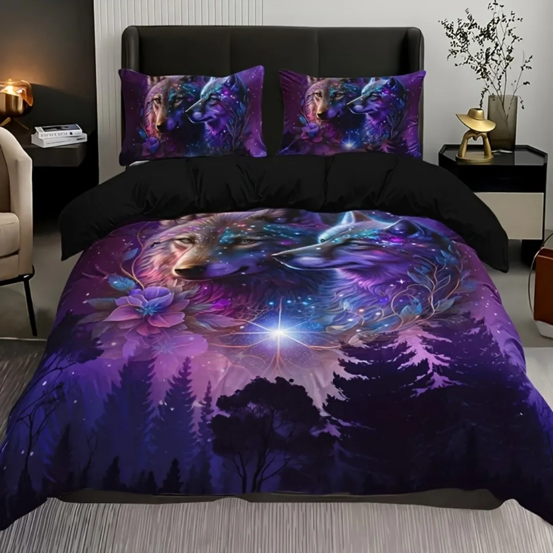 

3pcs Purple Forest Wolf Bedding Set 3D Print Wolf Pattern Duvet Cover King Queen Twin Single Size Birthday Gift Bedroom Decora