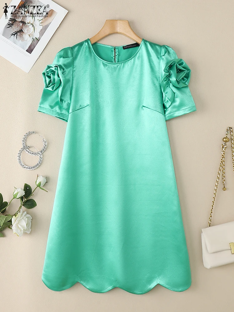فساتين ZANZEA أنيقة للنساء بطول الركبة بحاشية صدفية من قماش الساتان وأكمام قصيرة للحفلات على شكل حرف a من ZANZEA