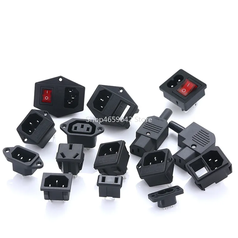 1pc IEC320 C14 Power Socket with Rocker Switch 3 Pin Red LED 250V 10A Fuse Female/Male Inlet Plug Connector 2 Holes Socket Mount