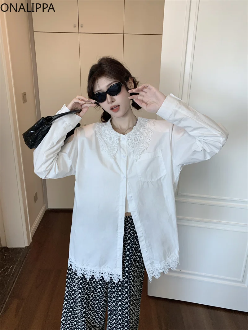 Onalippa Lace Loose Victorian Blouse White Turn Down Collar Single Breasted Mid-length Shirts Korean Sweet Solid Womens Tops