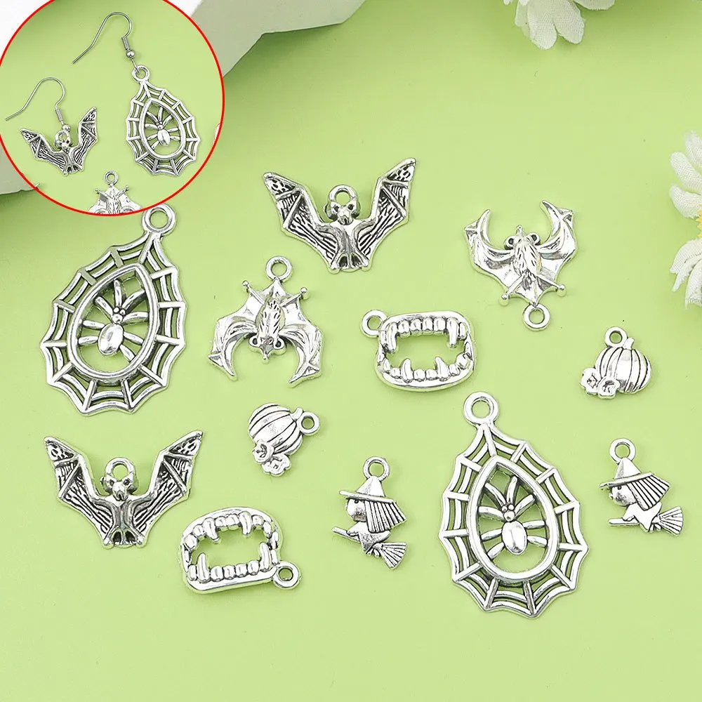 7/17/37 قطعة قلادة فضية على شكل شبح الخفافيش على شكل شبكة عنكبوت على شكل شبكة عنكبوت، أقراط على شكل سوار ذاتي الصنع، هدية الهالوين