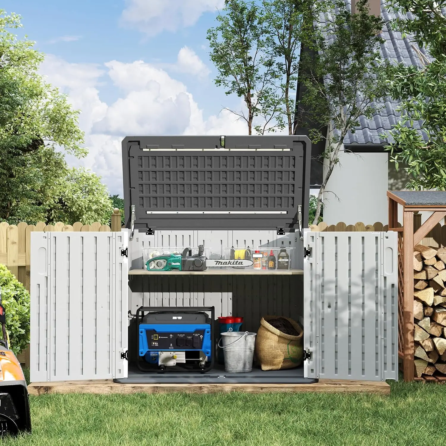 

Сарай для хранения на открытом воздухе, сарай из смолы с напольными и запираемыми дверцами, водонепроницаемый шкаф для хранения на открытом воздухе с магнитной дверью