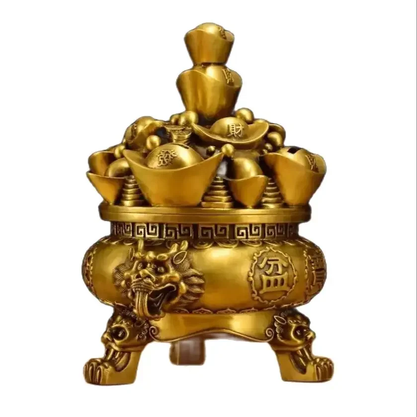 Brass Treasure Bowl Tripod Open Cover Yuan Bao Incense Burner Ornament