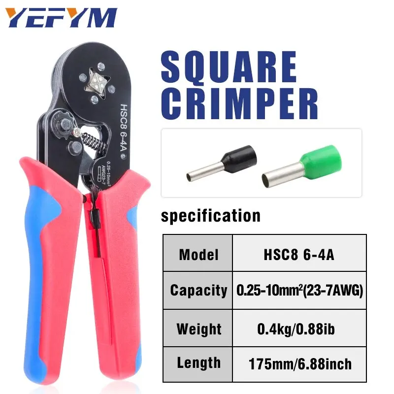 End-Sleeves Ferrule Crimping Tools HSC8 6-4A Self-Adjustable AWG23-7/0.25-10mm2 Square Ratcheting Wire Crimping Plier