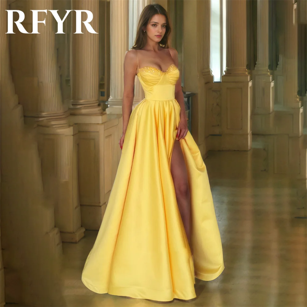 

RFYR A Line Prom Dress Sequin Evening Dress with Pleat Satin A-Line Split robe soirée Party Dresses Customized