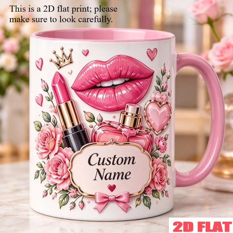 Personalized 2D Printed Makeup Mug 11oz Ceramic Coffee Cup Custom Name Text Red Lip Perfume Crown Rose Microwave Safe Gift