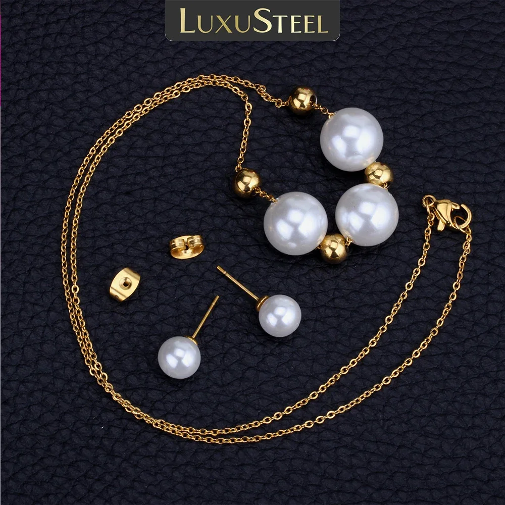 LUXUSTEEL Imitaiton Pearl Round shaped Pendants Necklace Earring Sets For Women Girl Stainless Steel Chain Necklace Jewelry Gift