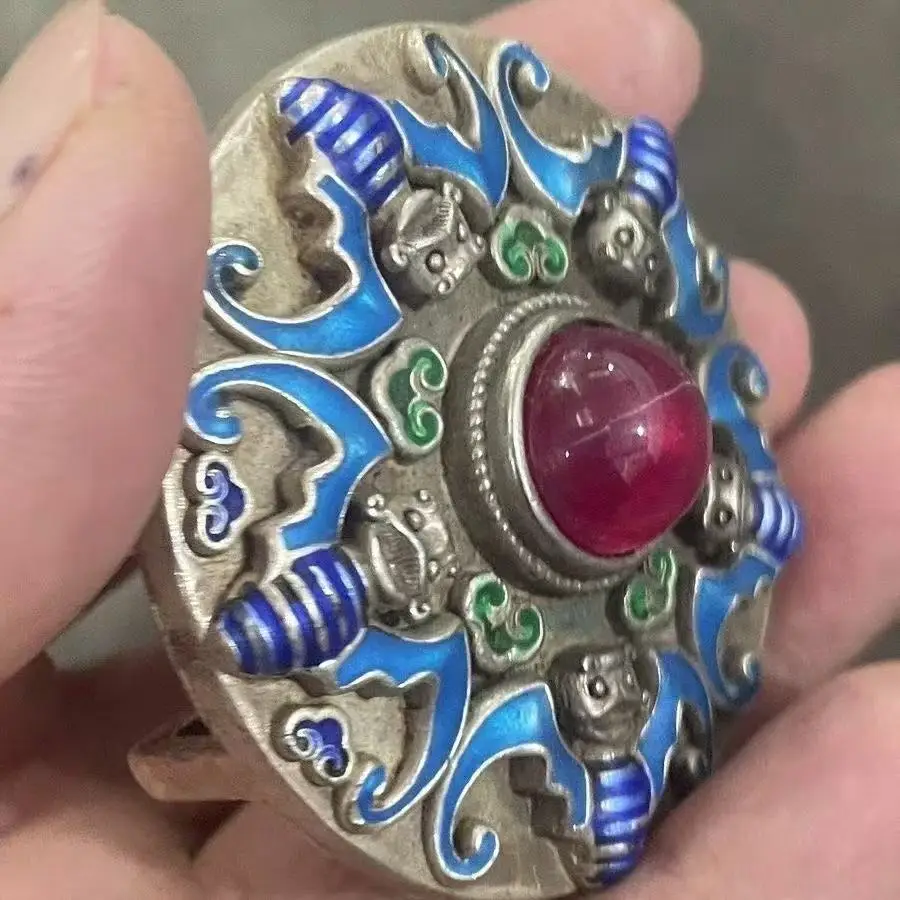 Antique Handmade Old Silversmith Court Cloisonne Baked Blue Sterling Silver Ruby Inlaid Old Object Belt Buckle