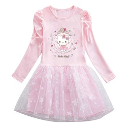 Mädchen Mesh Kleid niedlich Hallo Kitty Kinder Langarm Kleidung Herbst Baby Kinder Party Kleider Vestidos Kleinkind Liebe rosa Kleid