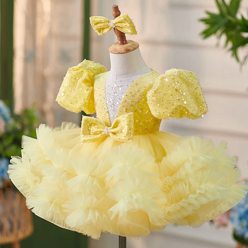 

Yeallow Flower Girl Dress For Weddeing Sequins Tulle Puffy Knee Length Short Sleeve Ball Gowns First Comminion Dresses For Girl
